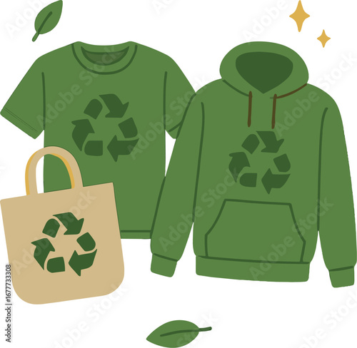 Eco-friendly clothing featuring a recycle symbol promotes sustainable fabrics and urges consumers to avoid fast fashion for the environment,
