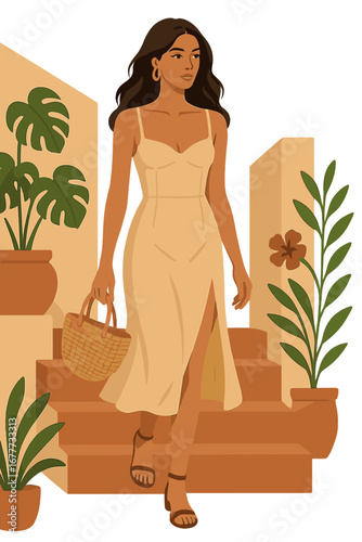 A sexy, beautiful brunette woman with tanned skin, wearing makeup and fashion clothes from a summer collection, steps out in a beige cotton dress and accessory bag, embarking on a summer journey to a