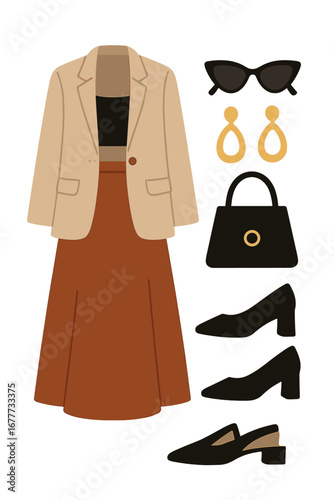 A stylish collage of women’s streetwear featuring a skirt, earrings, sunglasses, bag, and shoes