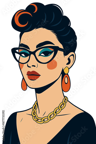 A stylish woman with artistic makeup and hair, glasses, and jewelry, showcasing her facial beauty, photographed in a studio