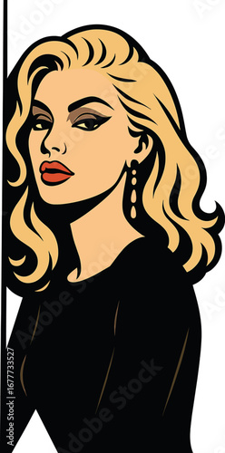 A blonde-haired woman with bold red lips, dramatic eye makeup, and dangling earrings leans against a vivid red wall, exuding a striking, glamorous fashion style