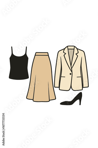 A clean white backdrop showcases an elegant arrangement of minimalist clothing, epitomizing fashion minimalism