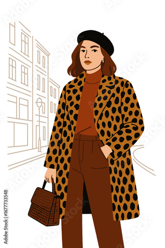 A street fashion portrait of a woman in a trendy leopard‑print faux fur coat, beret, sweater, corduroy trousers, clutching a reptile‑skin‑textured bag, posing outdoors in an urban setting