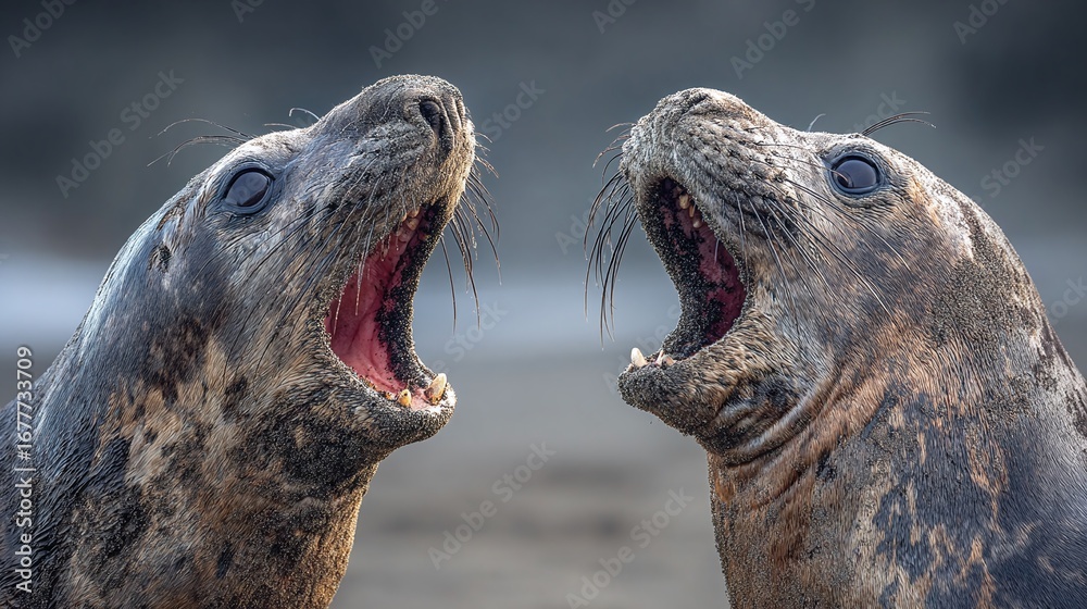 Fototapeta premium Two seals facing each other, mouths open, possibly calling or vocalizing on a sandy beach. Showing their teeth, whiskers, and expressive faces.