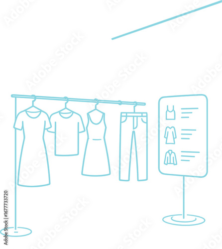 A futuristic minimalist store concept featuring holographic fashion selection and luminous digital clothing racks