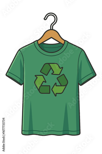 A green T‑shirt displayed on a wooden hanger marked with a recycle symbol, exemplifying a sustainable, eco‑friendly fashion idea that cuts waste and raises environmental awareness—eco apparel for