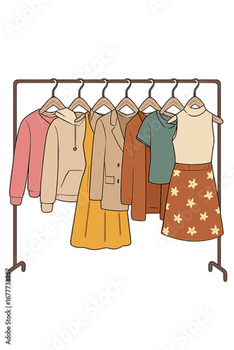 A row of diverse women's clothing hangs on a rack in a hipster fashion showroom in a shopping mall, where trendy women wear them