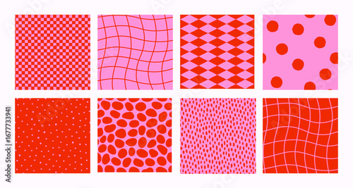 seamless pattern set in red and pink with dots, checker, Confetti, diamond, square, rhombus, and wavy grid elements in retro vector style. Great for abstract backgrounds. Drag to swatches panel