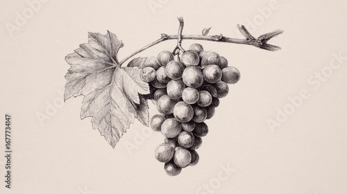 Monochrome drawing of grapes and a leaf hanging from a twig on neutral backdrop