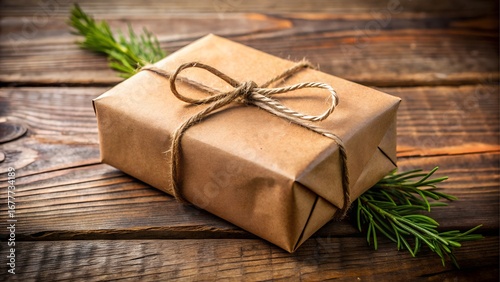 Gift box wrapped in brown paper with twine