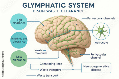 Glymphatic System Illustration showing Brain Waste Clearance, Illustration