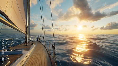 Sailing yacht gliding peacefully across golden sunset ocean high resolution picture