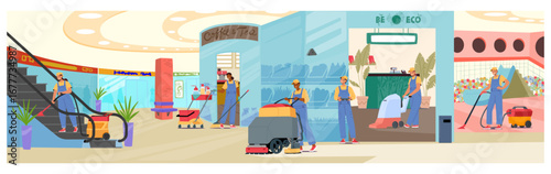 Workers team wearing in providing professional cleaning service and shopping mall premises sanitation