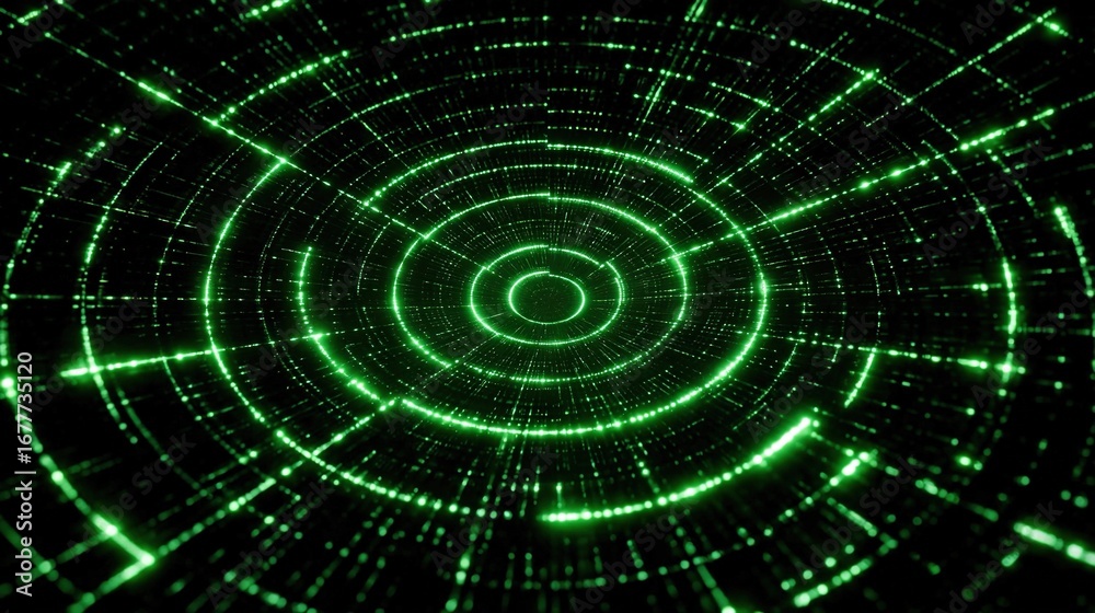 Obraz premium A green and black background with a circular design in the center of the image features a spiral of green lights
