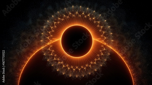   An image of a black hole appears as an orange ring of flames surrounding it