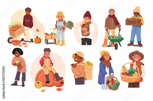 Cute happy children cartoon characters with vegetables and fruits autumn harvest isolated set