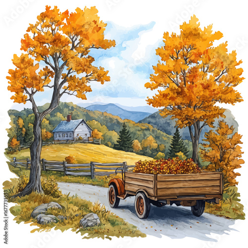 watercolor vector of Hayride Through Autumn Farm, isolated on a white background.