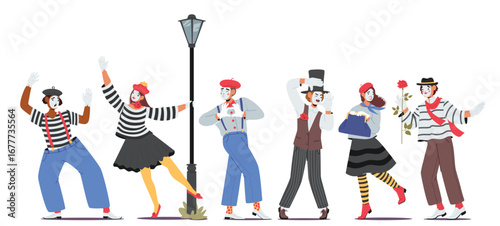 Cute mime actor and actress cartoon characters wearing traditional clothing and headgear set