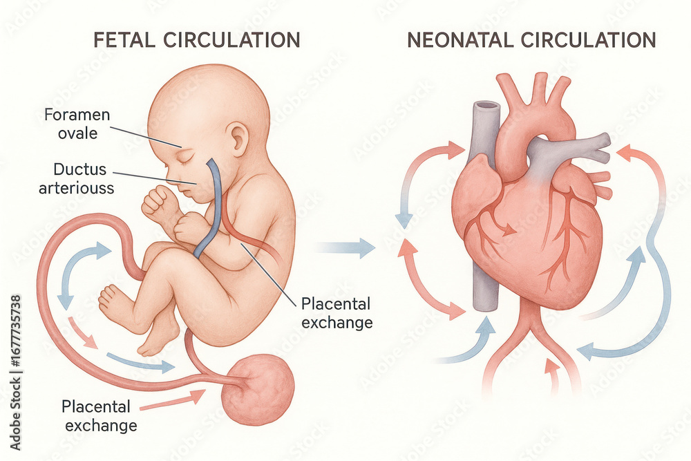 Obraz premium Fetal and Neonatal Circulation Illustration, Baby Heart Diagram, Blood Flow Anatomy [Illustration]