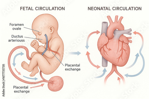 Fetal and Neonatal Circulation Illustration, Baby Heart Diagram, Blood Flow Anatomy  [Illustration]