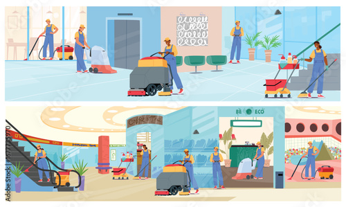 Team of professional workers providing high quality cleaning service isolated cartoon scenes set