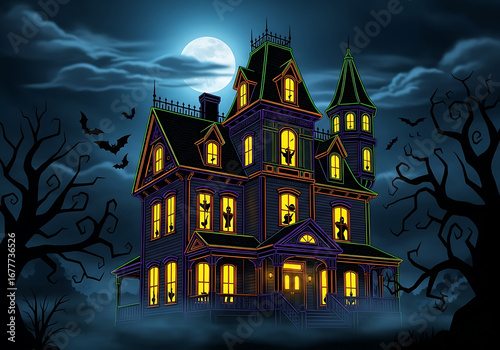 A spooky haunted house with silhouettes in the windows under a full moon on a dark halloween night