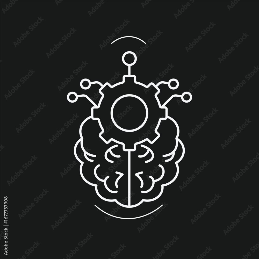 Fototapeta premium Stylized Brain and Gear Icon with Circuit Lines on Black Background Representing Artificial Intelligence, Machine Learning, and Human-Tech Integration.