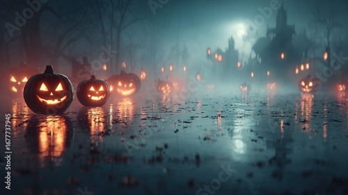  A cluster of Jack-o'-Lanterns perched atop damp soil before a grand castle during twilight