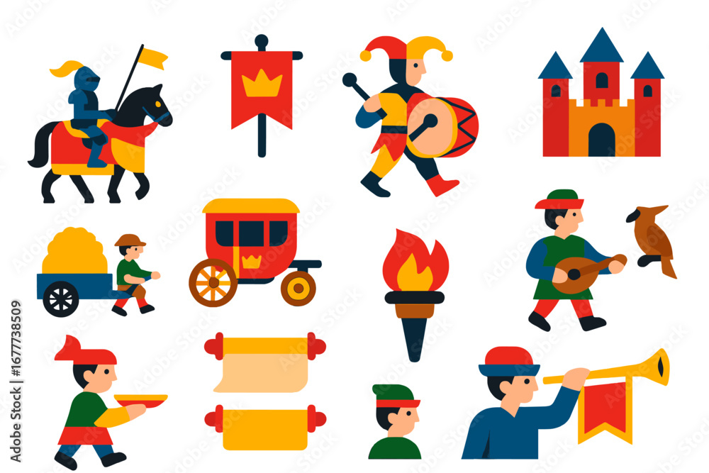 Naklejka premium Medieval Parade Icons. Flat vector icons of medieval-style parades: knight on horse, royal banner, jester with drum, noble