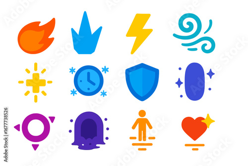 Magic Spell Icons. Flat vector icons of magic spells: fireball spell, ice spike, lightning bolt, wind swirl, healing spark, time