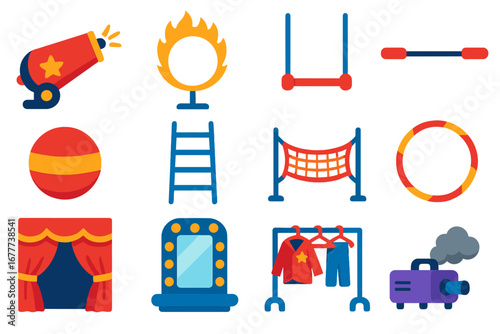 Circus Props Icons. Flat vector icons of circus props: cannon, ring of fire, trapeze bar, tightrope pole, balancing ball, ladder,