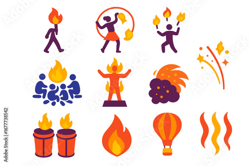 Vibrant Fire Festival Icons. Flat vector icons of fire festivals: torch walk, fire dancer, flame juggle, bonfire circle, burning