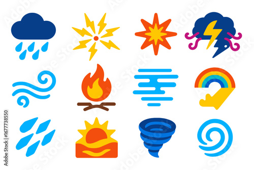 Weather Magic Icons. Flat vector icons of weather magic: rain cloud spell, thunder chant, snowflake spark, storm glyph, wind swirl