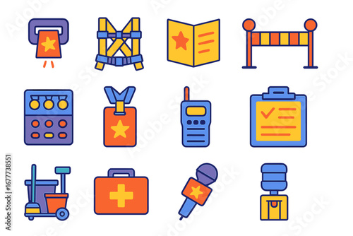 Circus Logistics Icons. Flat vector icons of circus logistics: ticket scanner, safety harness, program booklet, crowd control