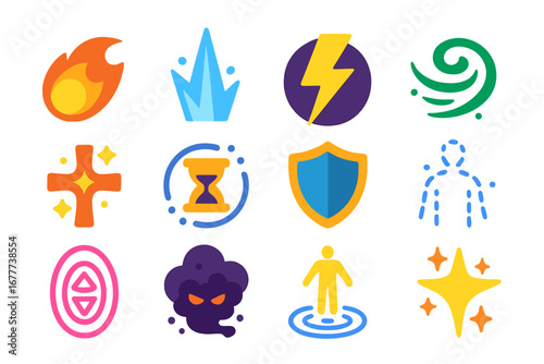 Magic Spell Icons. Flat vector icons of magic spells: fireball spell, ice spike, lightning bolt, wind swirl, healing spark, time