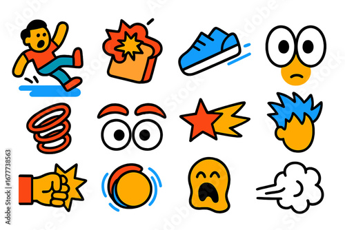 Flat Comedy Icons. Flat vector icons of cartoon comedy: slipping cartoon character, exploding toast, flying shoe, bug-eyed