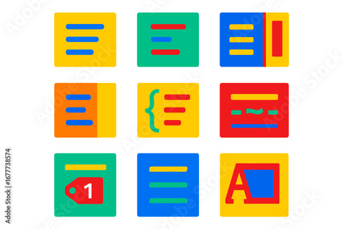 Poetry Icon Set. Flat vector icons of poetic forms and layout: centered verse, indented line, verse column, wide margin poem,