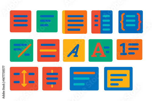 Poetry Icon Set. Flat vector icons of poetic forms and layout: centered verse, indented line, verse column, wide margin poem,
