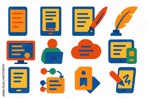 Digital Poetry Icons. Flat vector icons of digital poetry: phone with stanza, e-book poem, tablet and pen, digital quill, online