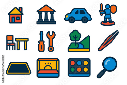 Miniature Collectible Icons. Flat vector icons of miniature collectibles: tiny house, scale model, mini car, painted figurine,