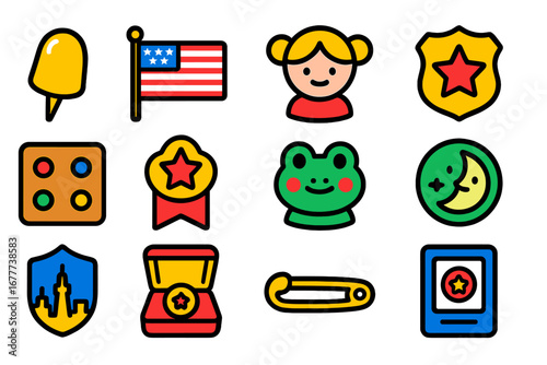 Colorful Pin Collection Icons. Flat vector icons of collectible pins: enamel pin, flag pin, character pin, badge pin, pinboard