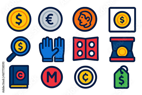 Coin Collecting Icons. Flat vector icons of coin collecting: gold coin, silver coin, ancient coin, coin holder, magnifying glass,
