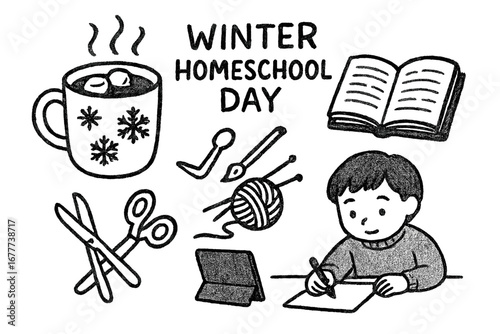 Winter Homeschool Doodles. Winter homeschool day doodle set: hand drawn icons for cocoa, reading, crafts, and focus tasks,