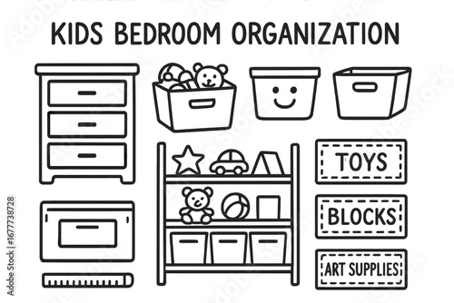 Kids Room Organization Icons. Kids bedroom organization doodle set: hand drawn icons for drawers, bins, toy shelves, and labels,