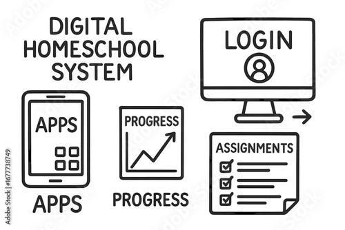 Digital Homeschool Doodles. Digital homeschool system doodle set: hand drawn icons for apps, logins, progress charts, and