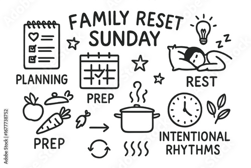 Family Reset Icons. Family reset Sunday doodle set: hand drawn icons for planning, prep, rest, and intentional rhythms, isolated