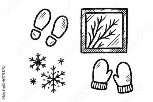 First Snow Doodle Icons. First snow memory doodle set: hand drawn icons for footprints, frosty windows, snowflakes, and mittens,