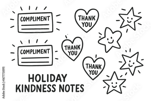Holiday Kindness Doodles. Printable holiday kindness notes doodle set: hand drawn icons for compliment slips, thank you hearts,