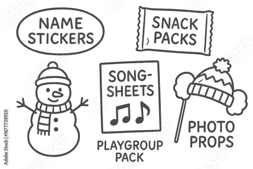 Winter Playgroup Doodles. Winter playgroup pack doodle set: hand drawn icons for name stickers, snack packs, songsheets, and photo