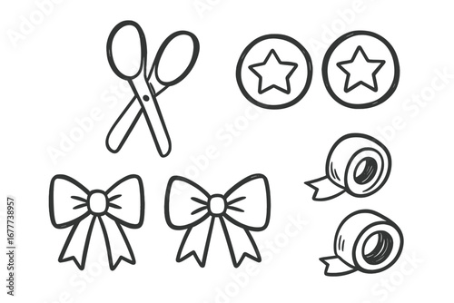 Kids Gift Wrapping Tools. Kids gift wrapping helper set doodle set: hand drawn icons for blunt scissors, sticker seals, bows, and